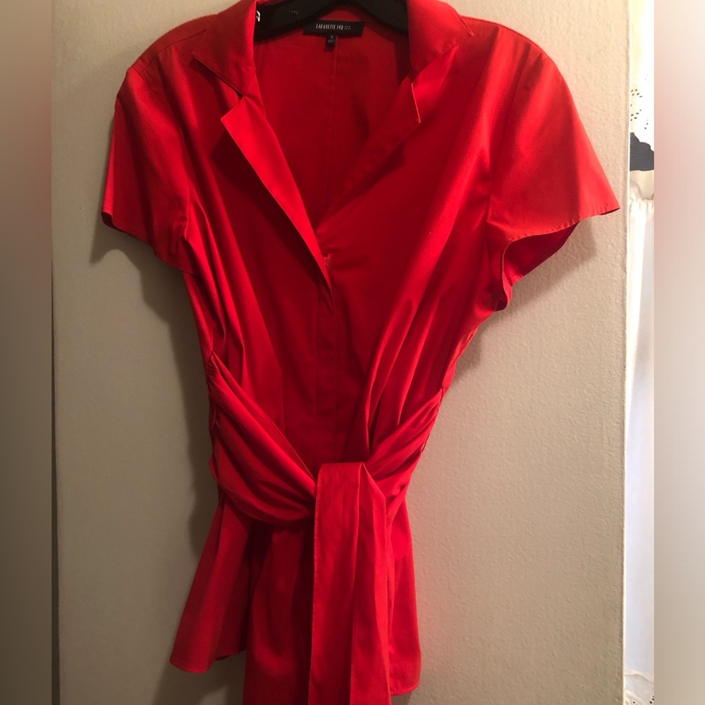 NWT Stunning Lafayette 148 New York Bright Red Cap Sleeve Zipped Blouse w/ sash